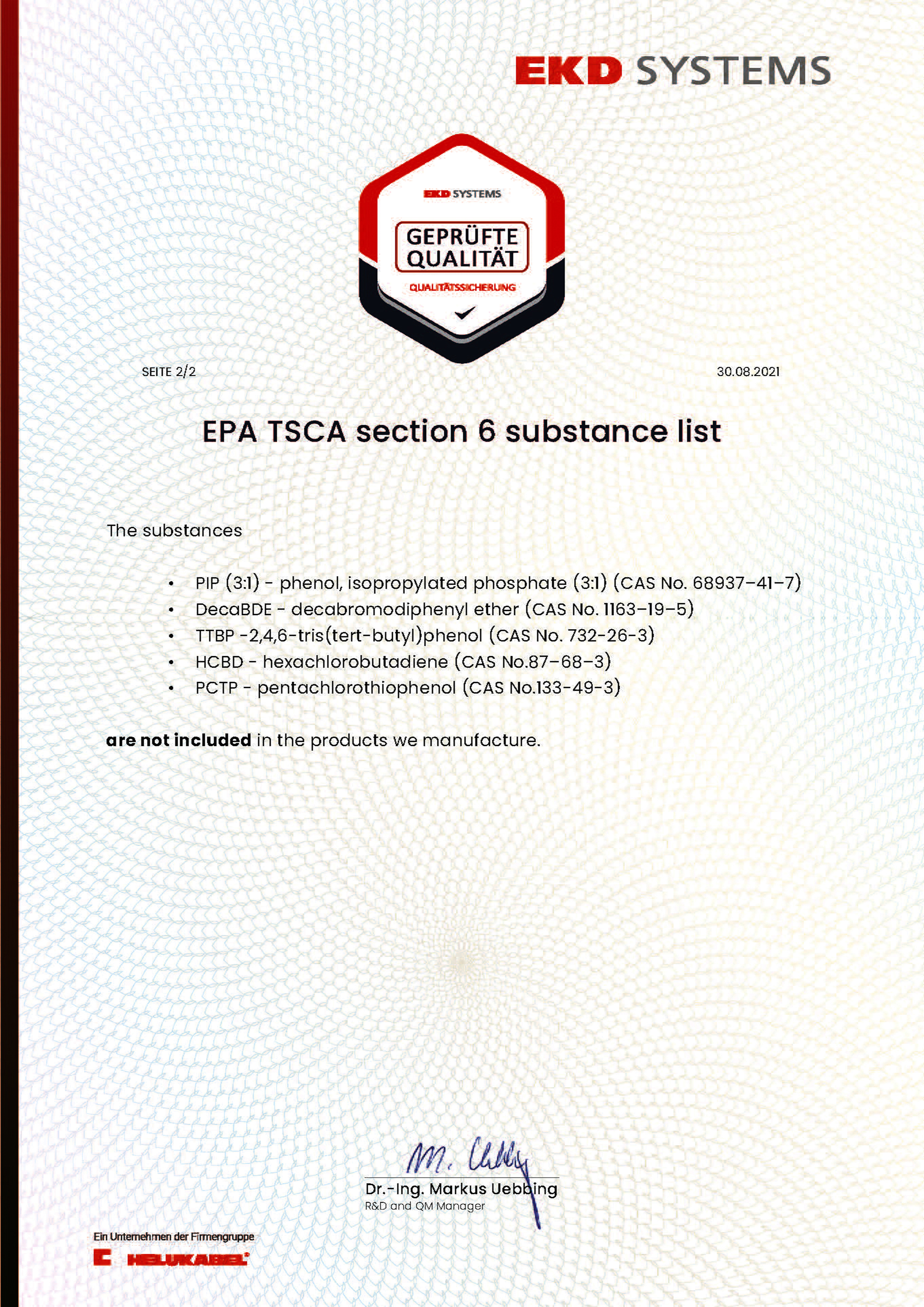 EPA TSCA section 6 substance list