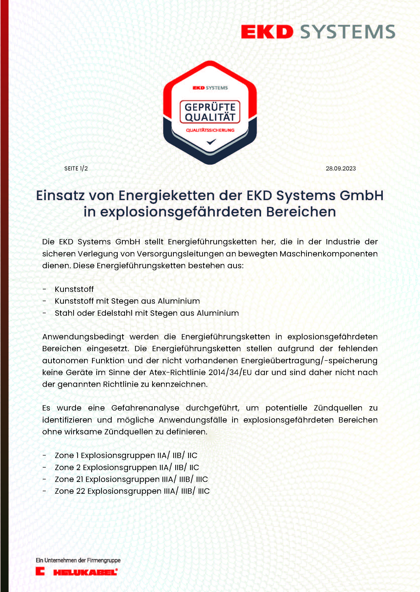 Einsatz von Energieketten der EKD Systems GmbH in explosionsgefährdeten Bereichen