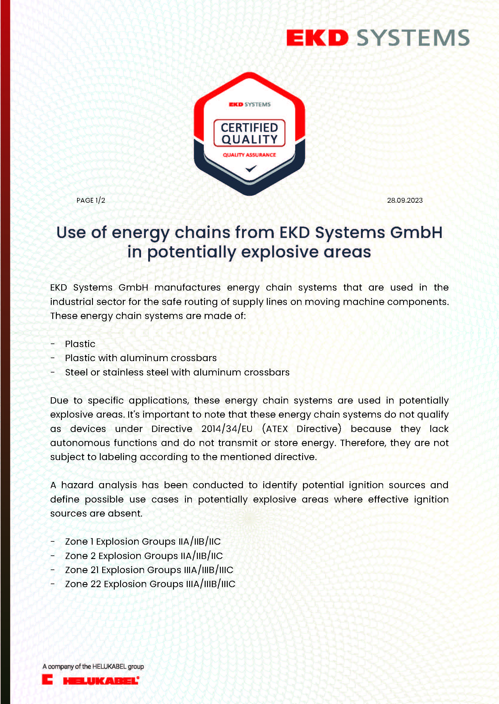 Use of energy chains from EKD Systems GmbH in potentially explosive areas