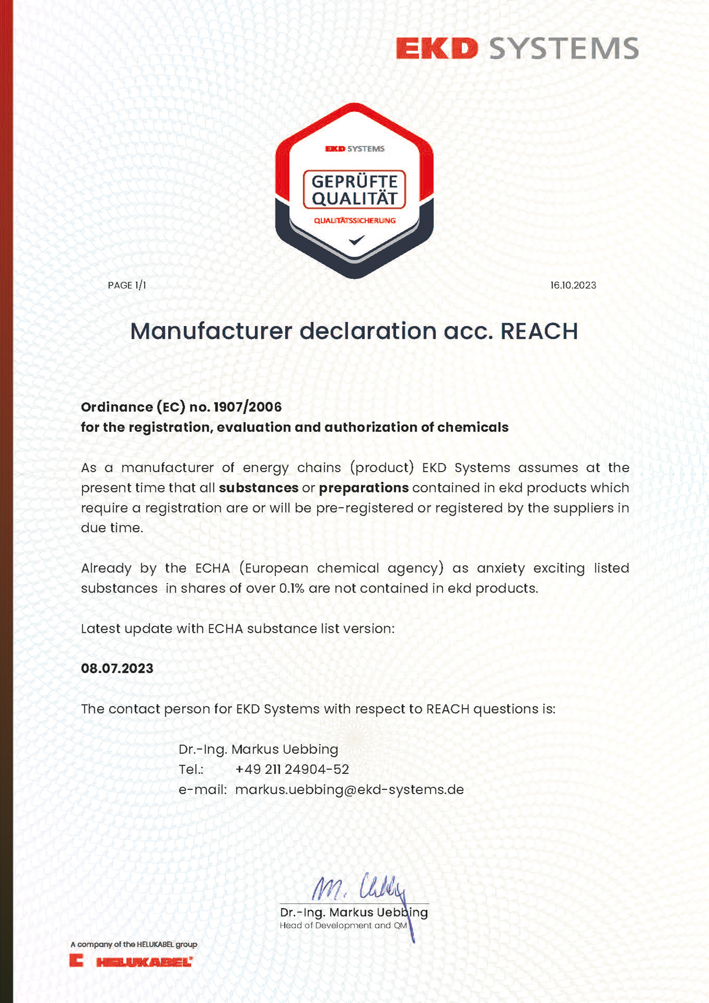 Manufacturer declaration acc. REACH