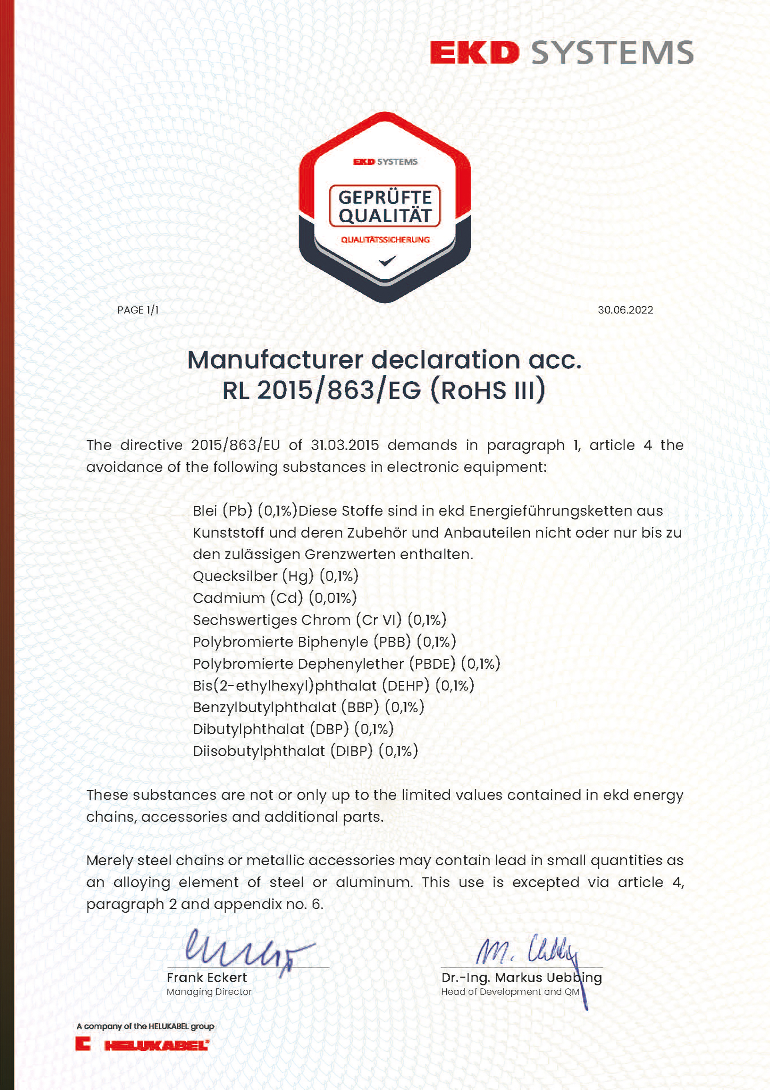 Manufacturer declaration acc. RL 2015/863/EG (RoHS III)