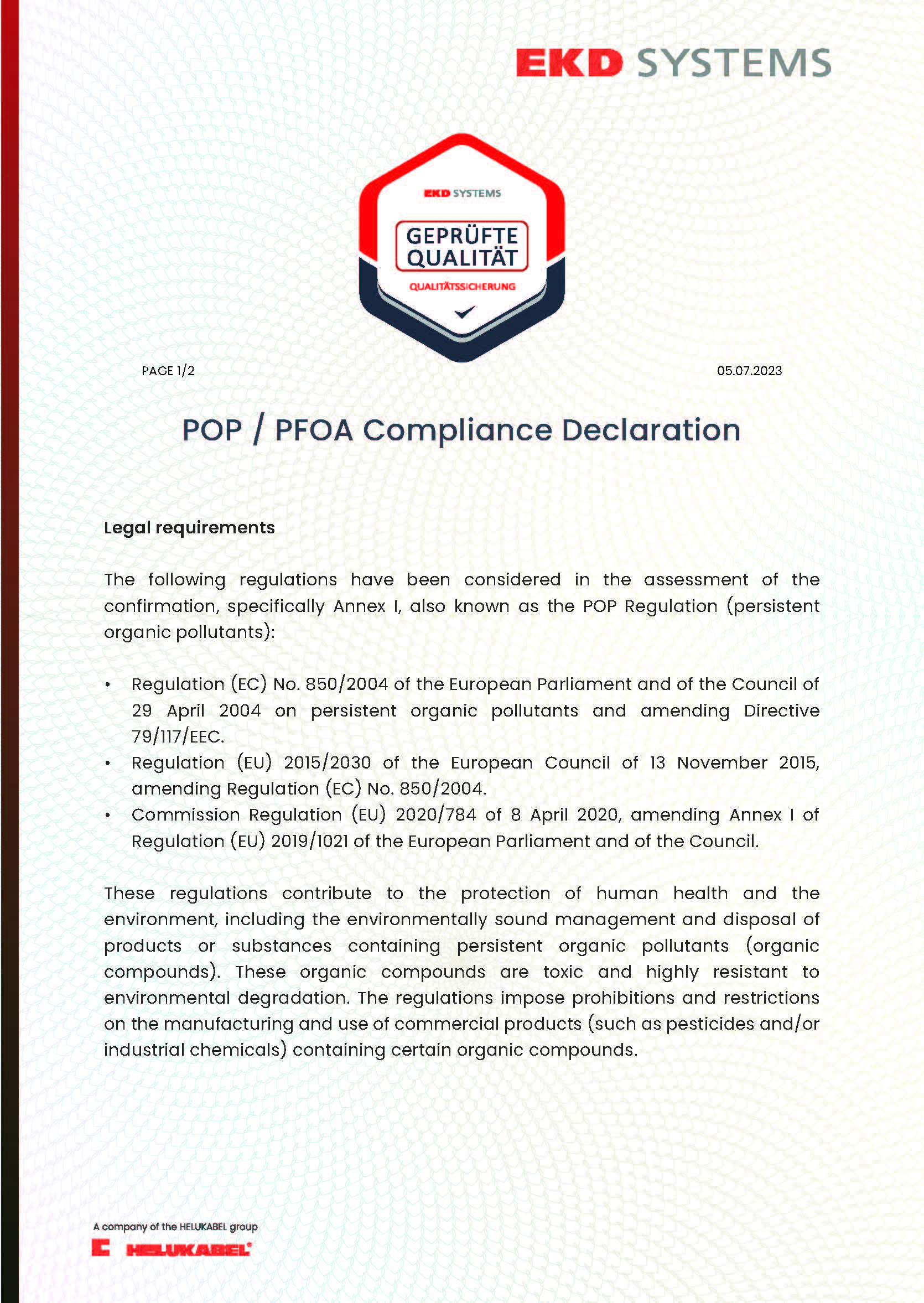 POP / PFOA Compliance Declaration