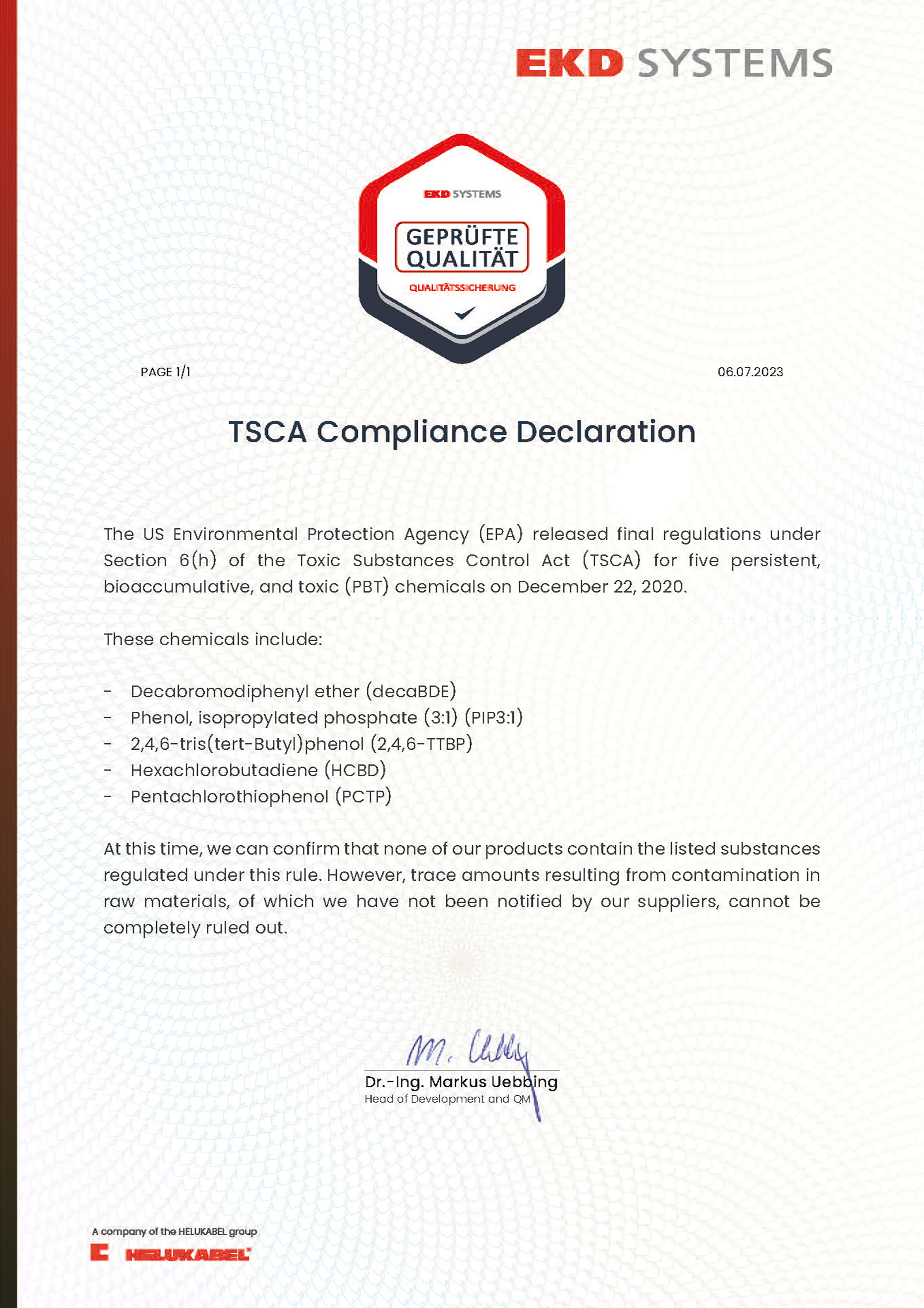 TSCA Compliance Declaration